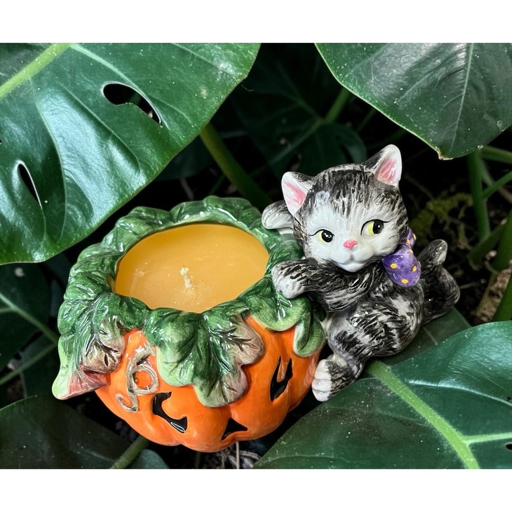 Fitz & Floyd Essentials Halloween Kitty Pumpkin Candle Holder Jar Jack-O-Lantern - Picture 2 of 12